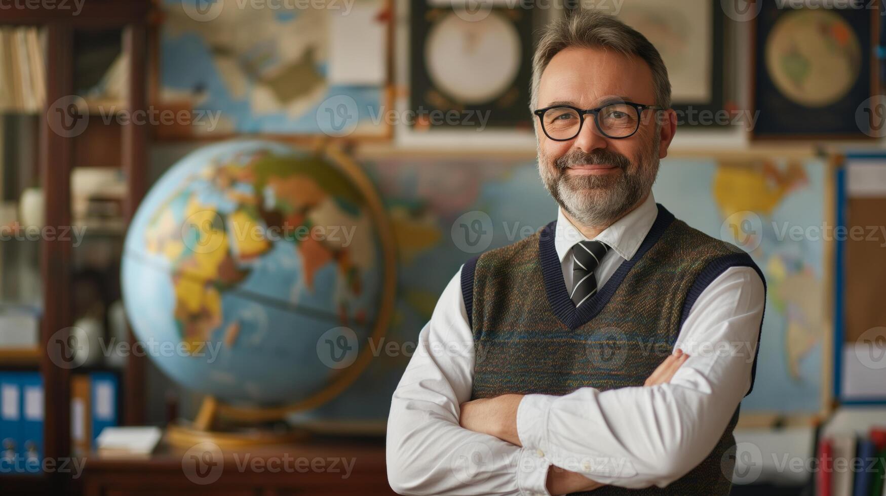 Confident MiddleAged Male Teacher with Glasses in Classroom, Smiling, Arms Crossed, Background with Globes and Maps photo