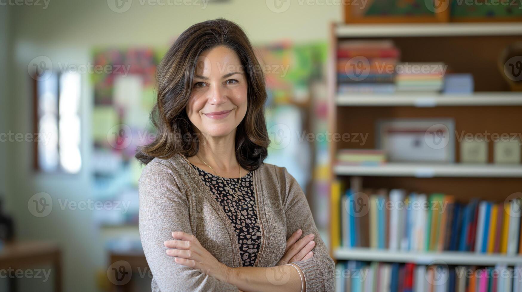 Confident Middle Aged Female School Teacher in Classroom Setting with Bookshelf Background, Ideal for Educational and Professional Use photo