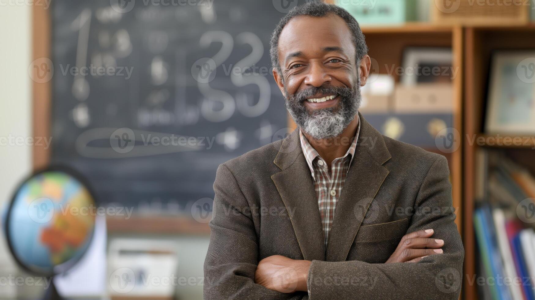 Portrait of a Smiling African American Male Teacher in Classroom with Chalkboard and Globe, Ideal for Educational Themes photo