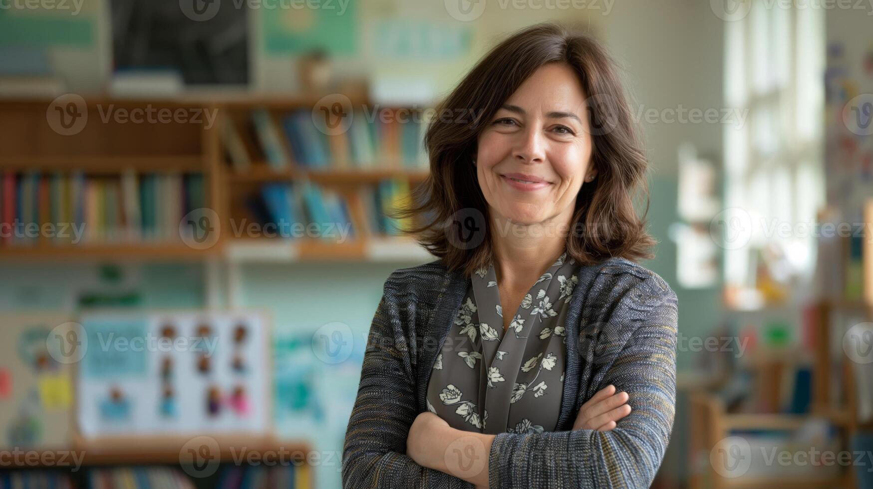 Confident MiddleAged British Female School Teacher in Classroom Setting for EducationThemed Designs photo