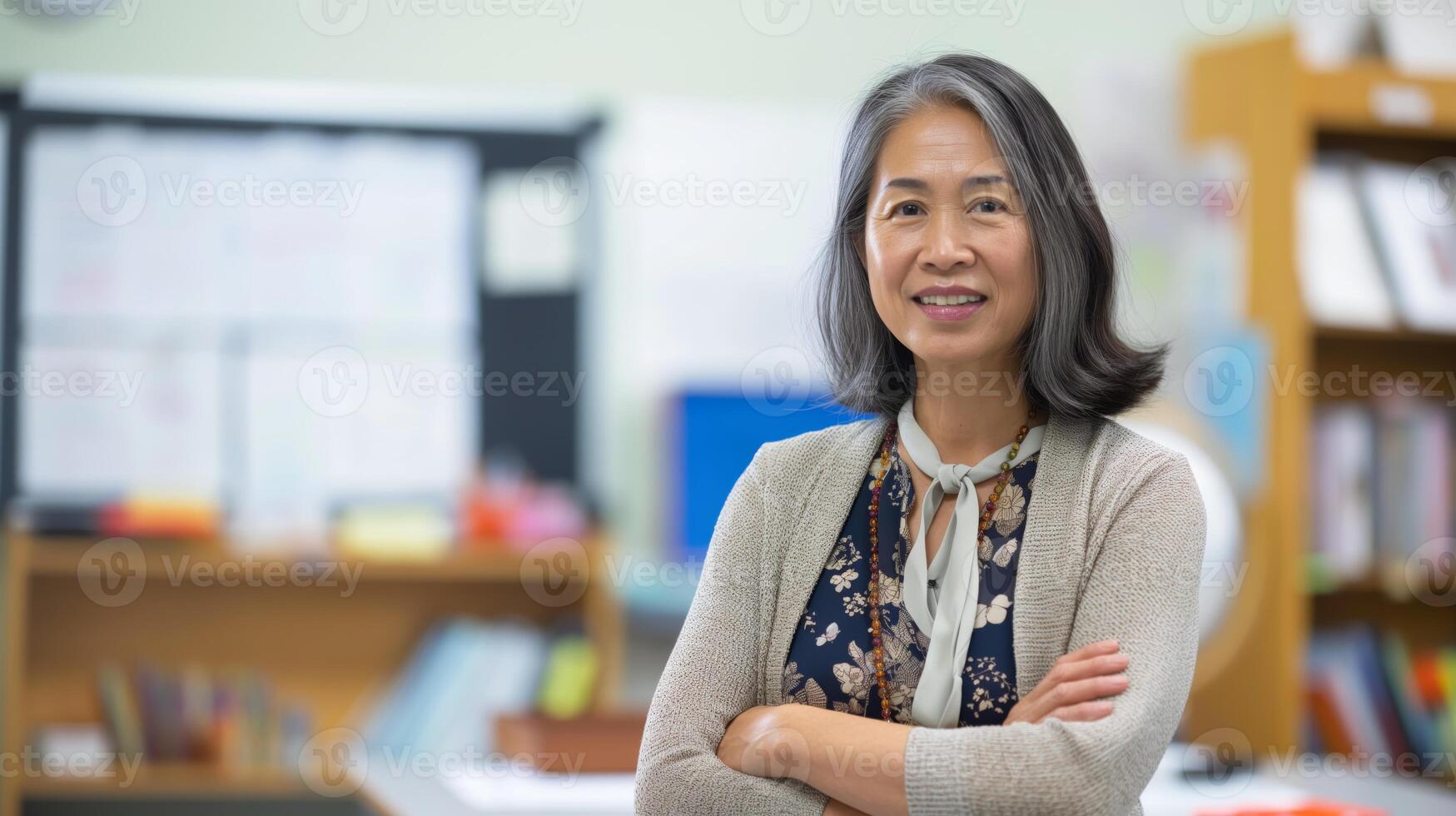 MiddleAged Southeast Asian Female Teacher in a Classroom Setting, Perfect for Educational Themes, Diversity Promos, and Professionalism Projects photo