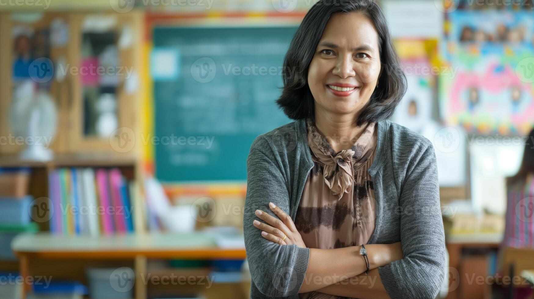 Indonesian Female Teacher Smiling in Classroom, Education and Learning, Diversity Concept, Ideal for Print, Card, Poster Design photo