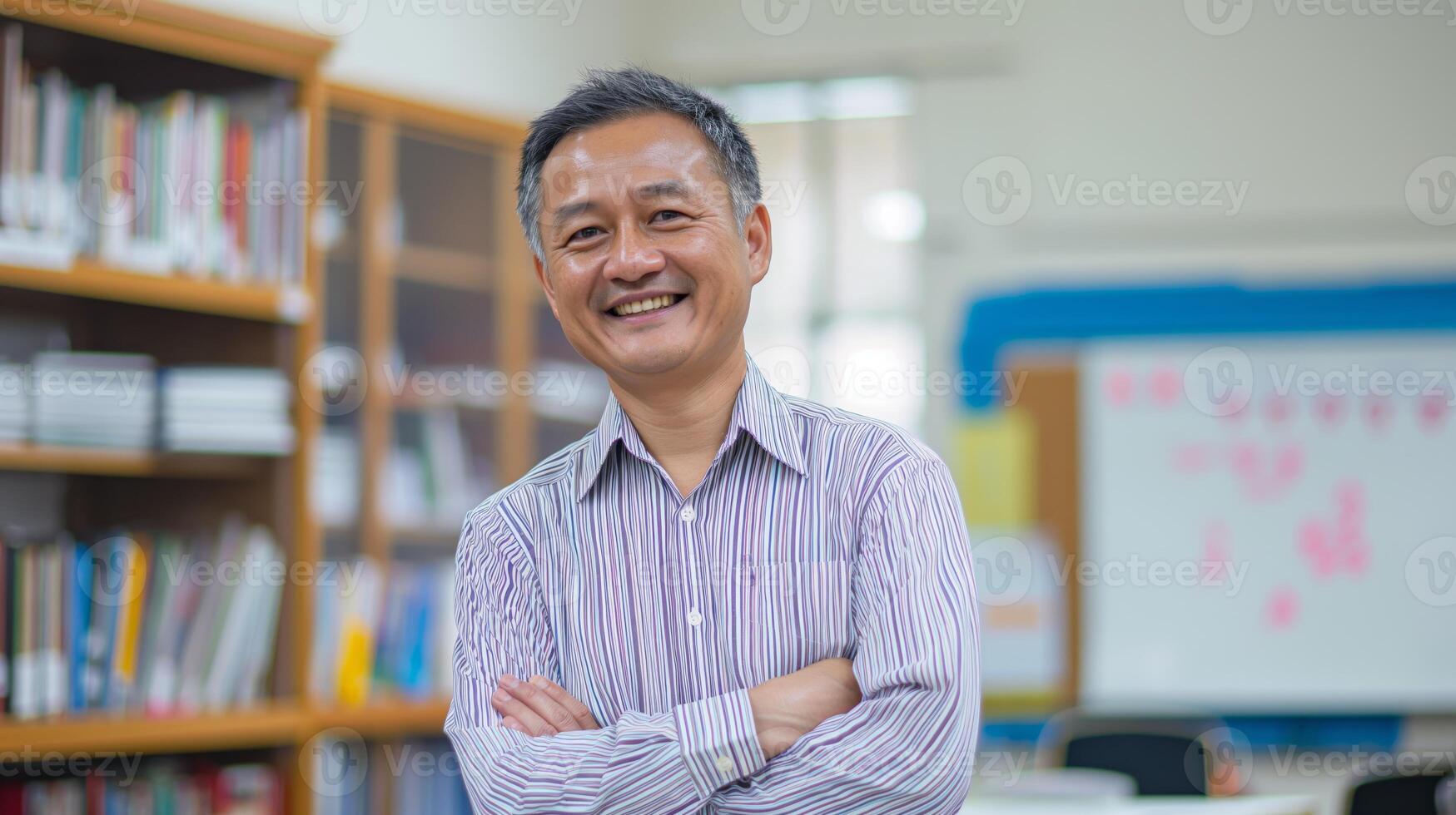 Middle Aged Southeast Asian Male Teacher Smiling Warmly in Classroom, Education Theme, Ideal for Posters and Cards photo
