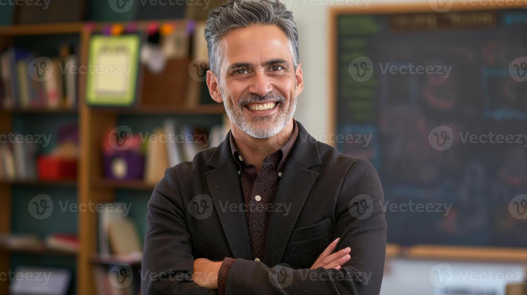 Friendly MiddleAged Male Teacher in Classroom with Bookshelves and Chalkboard Background for Education and Learning Concepts photo