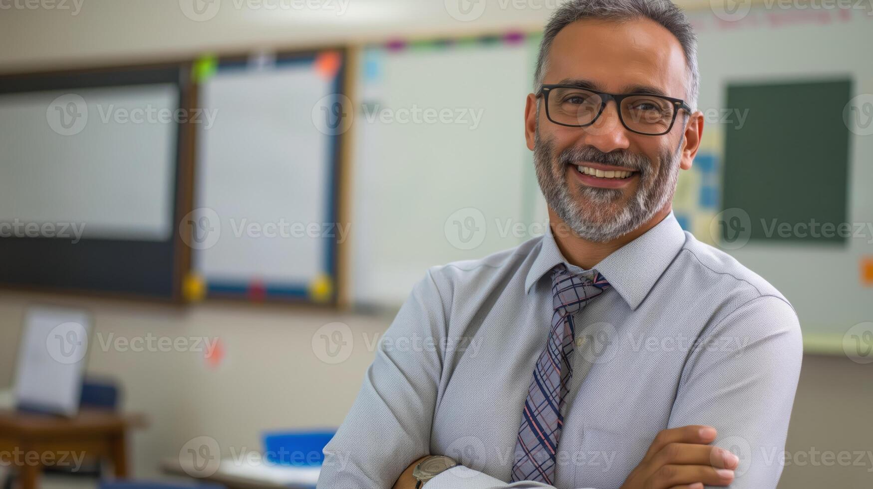 Middle Aged Arab Male School Teacher Smiling Warmly in Classroom Setting for Educational and Professional Use photo