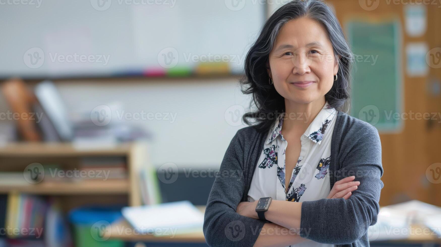 A woman is sitting in a classroom with her arms crossed and smiling happily photo