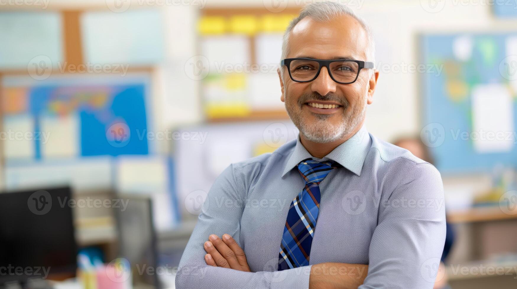 Confident Middle Aged Arab Male Teacher in Classroom Environment for Educational and Professional Concepts photo