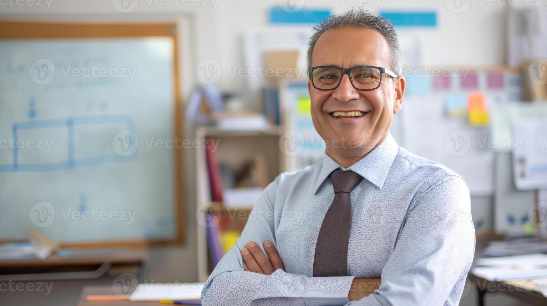 Middleaged School Teacher of Middle Eastern Descent in Classroom, Education, Professional, Smiling, Diverse Background photo