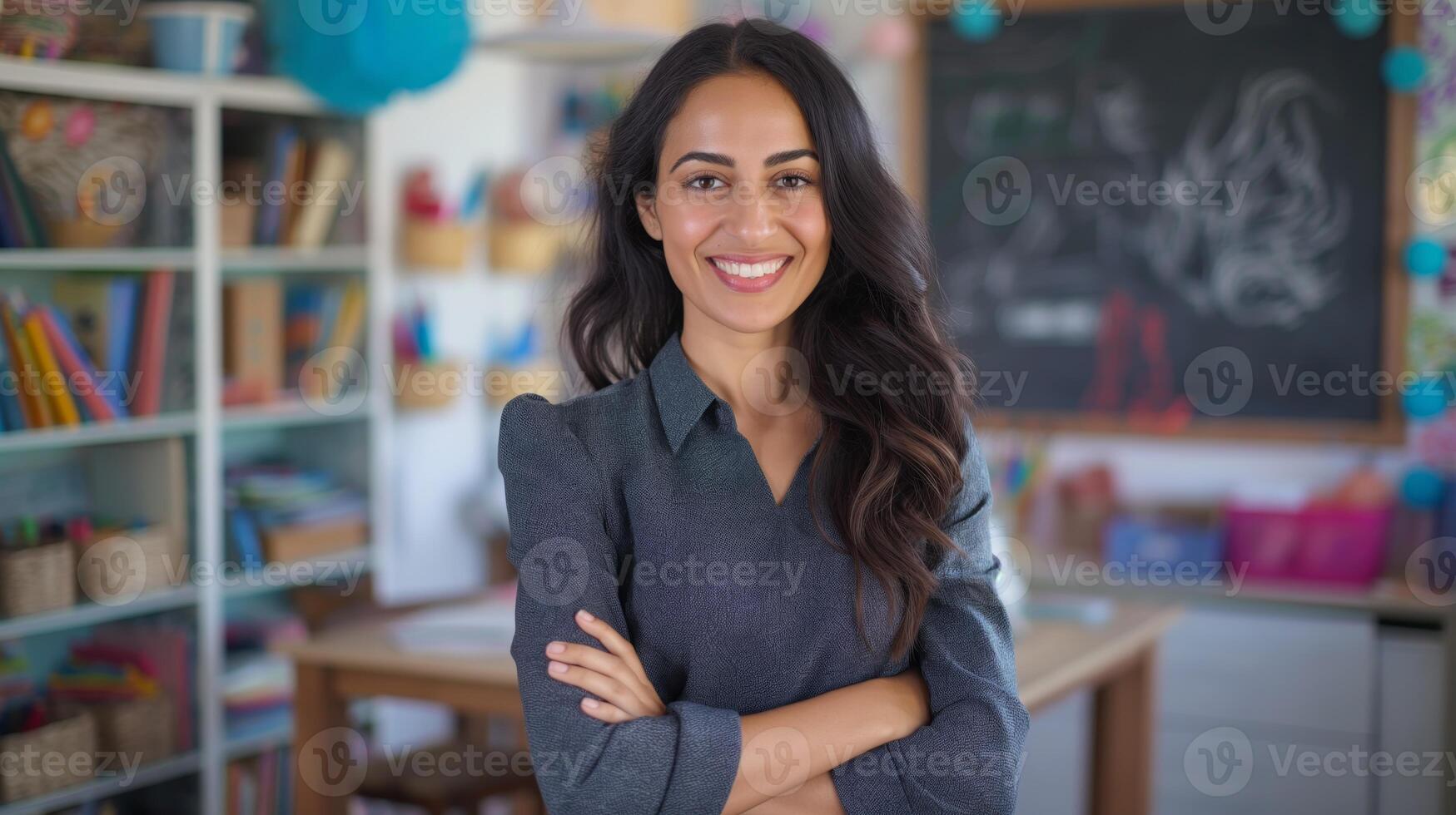 Confident Middle Eastern Female School Teacher Smiling in Classroom Setting for Educational and Diversity Promotion photo