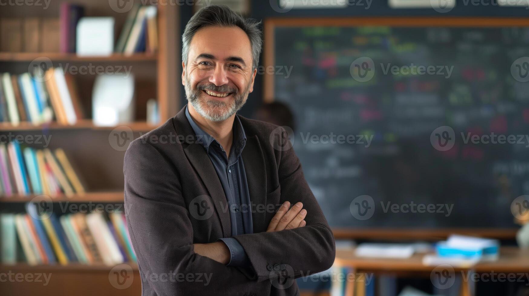 Friendly Male Teacher with Arms Crossed in Classroom Library Setting, Ideal for Educational Content, Website Banners, Promotional Material photo