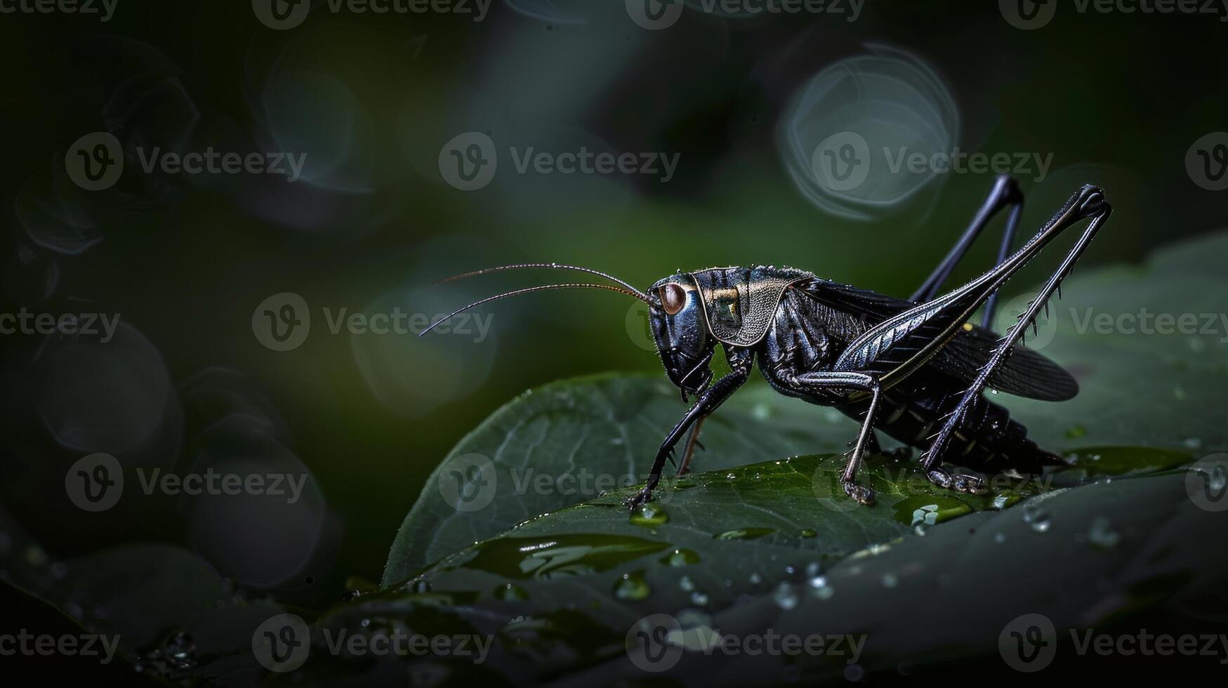 Cricket Chirping on a Leaf in a Nighttime Setting with Dew Drops, Macro Nature Photography photo
