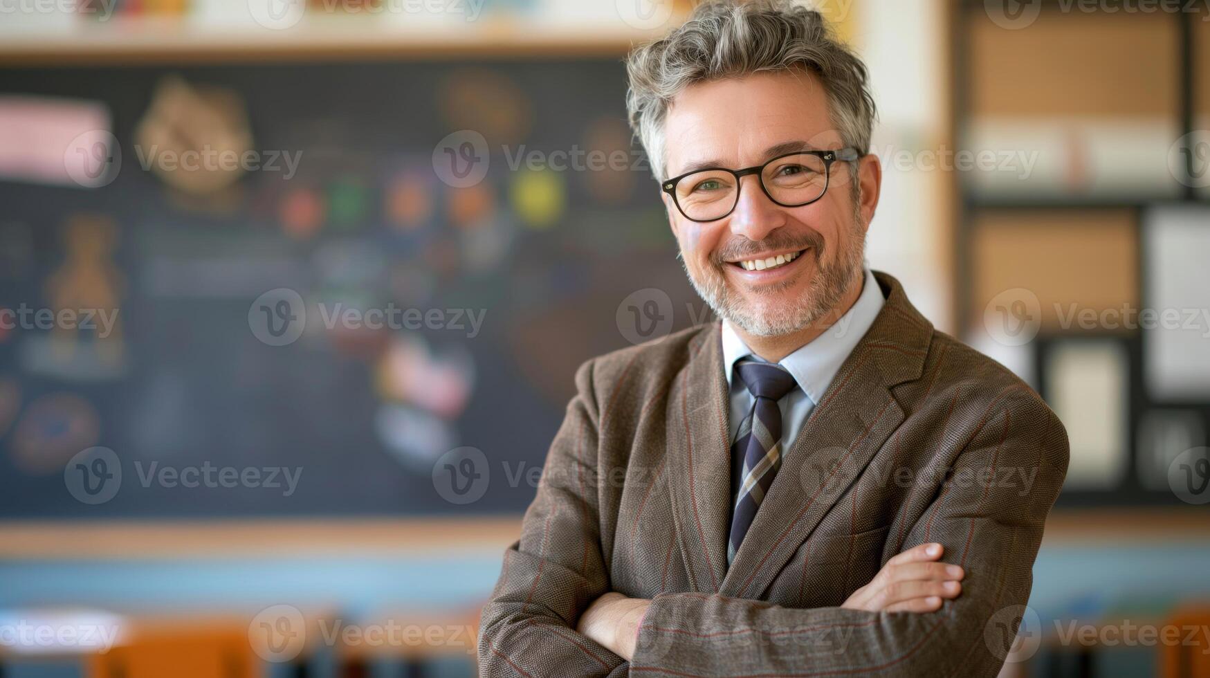 MiddleAged Male School Teacher Smiling in Classroom Education and Learning Concept for Posters and Print Design photo