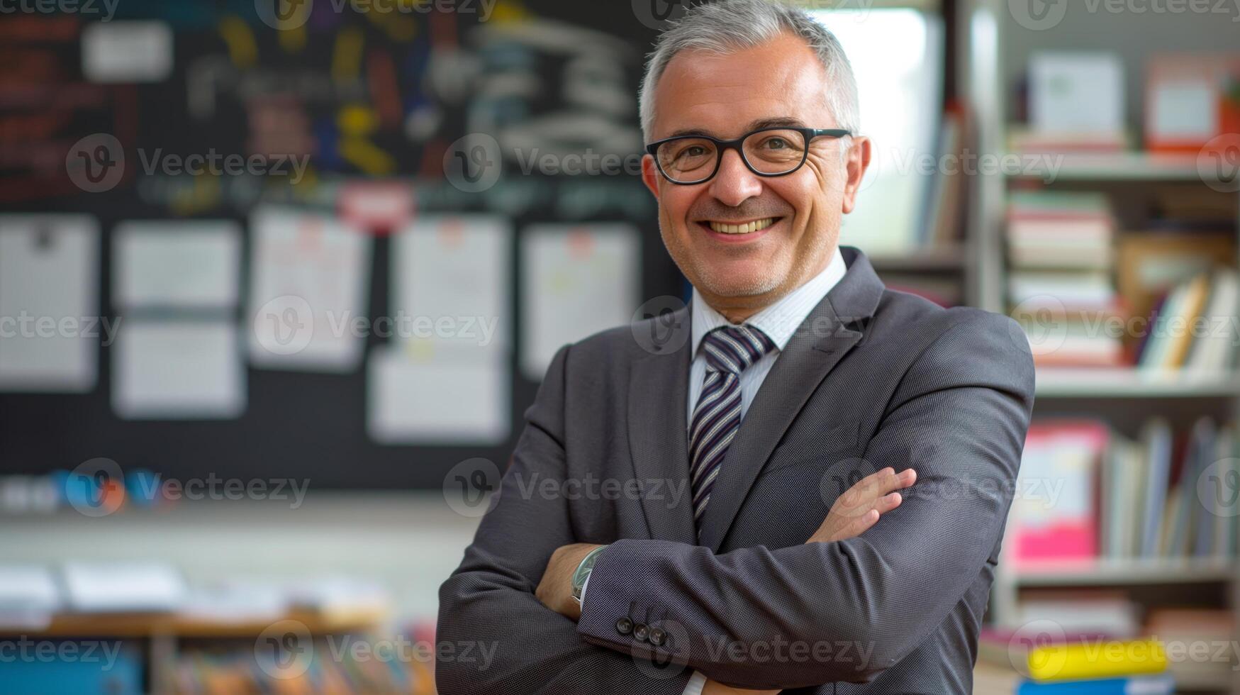 Middle Aged French Male School Teacher Smiling in Classroom, Ideal for Educational Content, Posters, Teaching Materials photo