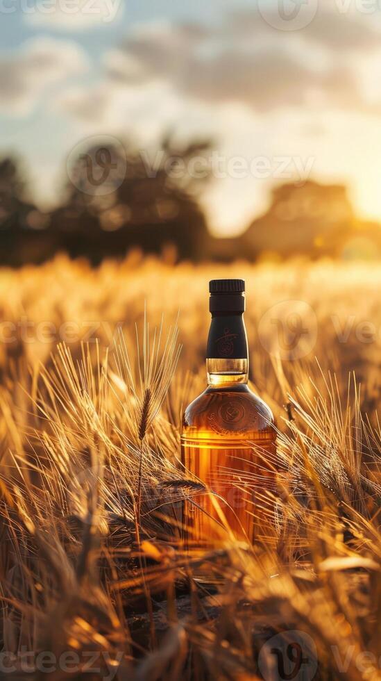 A bottle of whiskey in a golden wheat field at sunset. photo