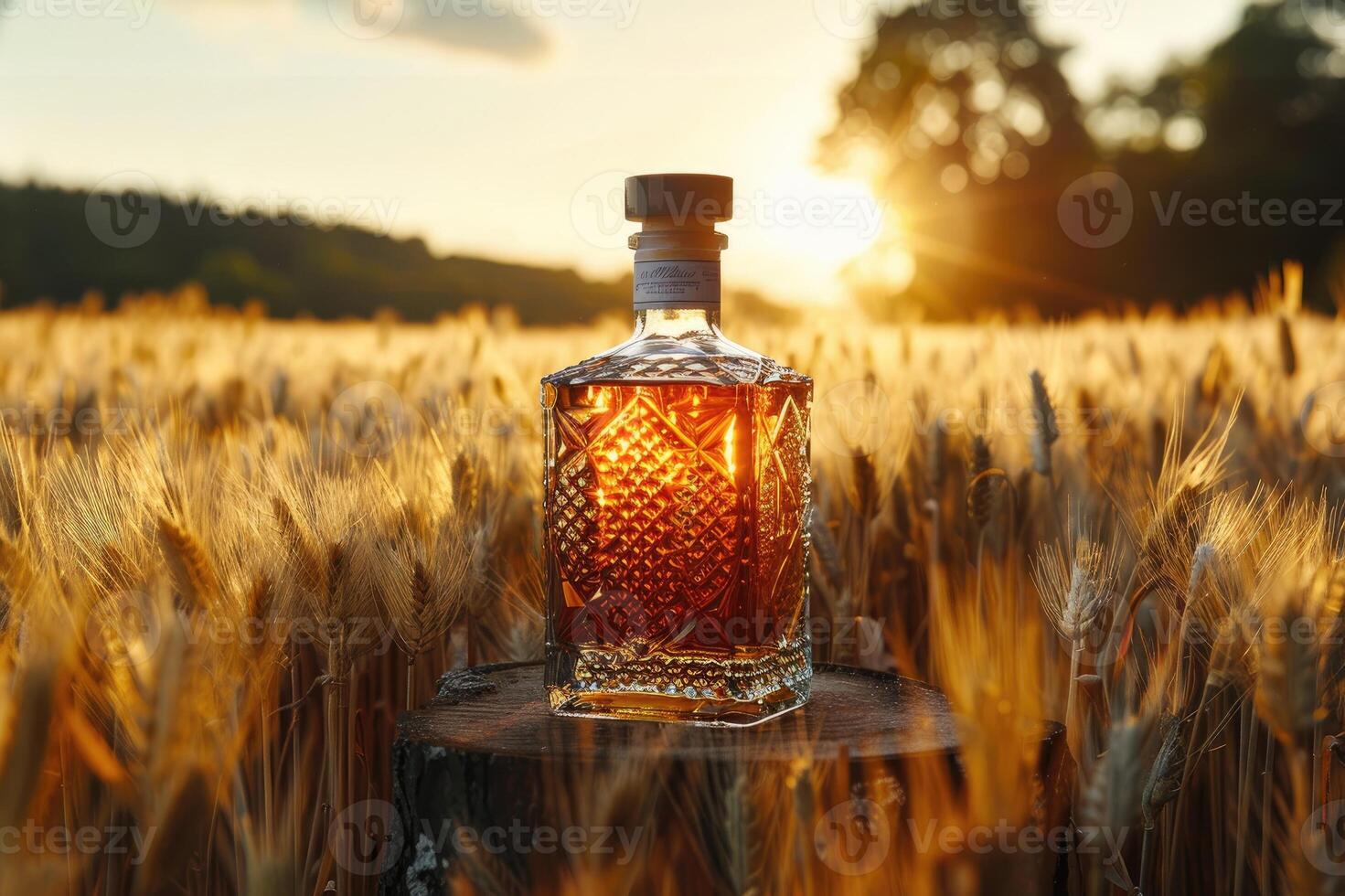 A bottle of whiskey in a golden wheat field at sunset. photo