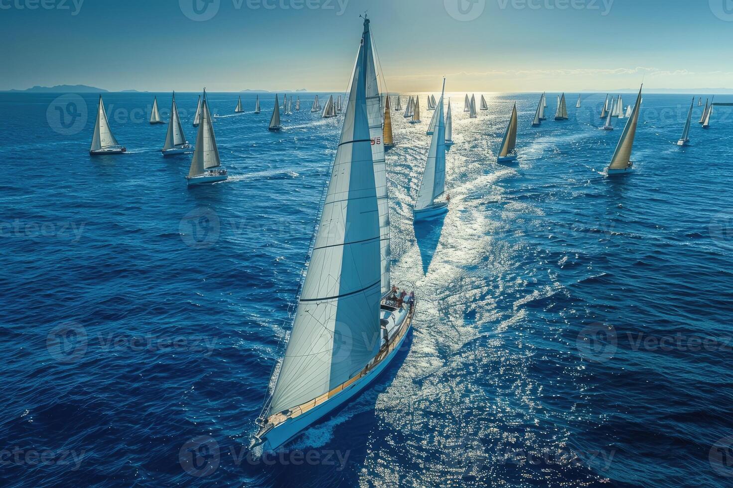 A picturesque sailboats gracefully navigates the tranquil waters under the soft golden hues of the sunset, creating a peaceful and mesmerizing maritime scene. photo