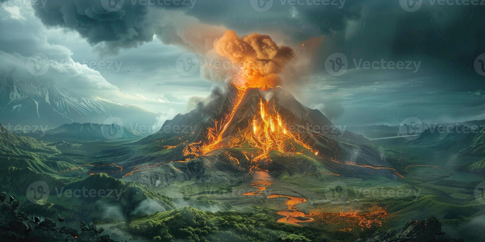 Massive volcanic eruption with fiery lava and dense smoke photo
