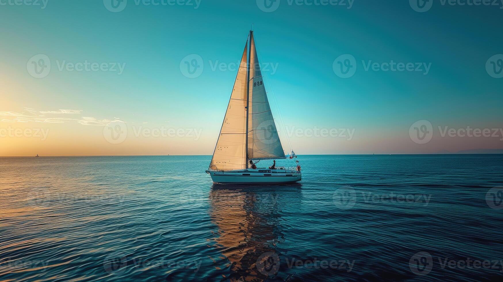 A picturesque sailboat gracefully navigates the tranquil waters under the soft golden hues of the sunset, creating a peaceful and mesmerizing maritime scene. photo