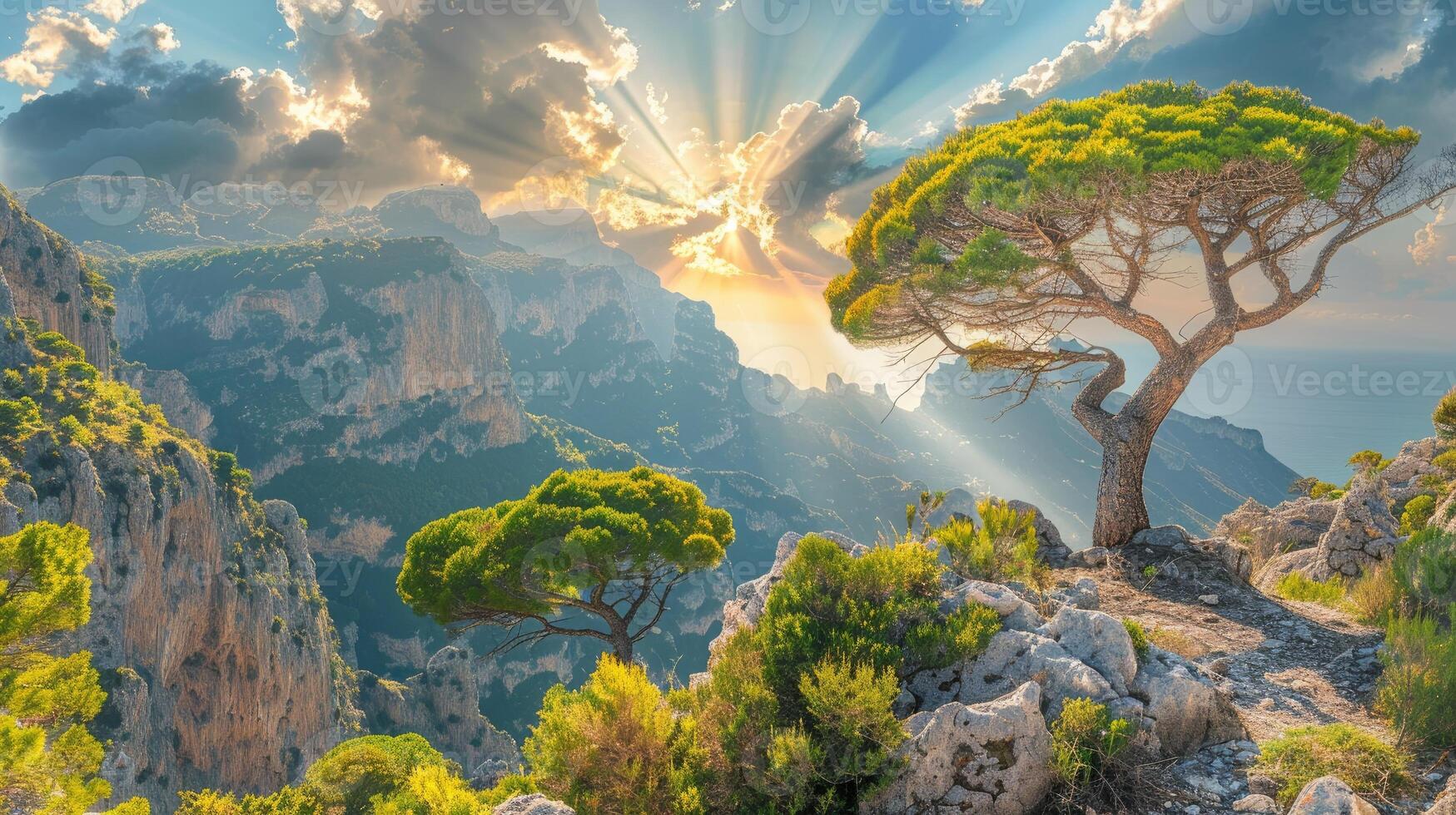 Sun rays breaking through clouds over rocky landscape view photo