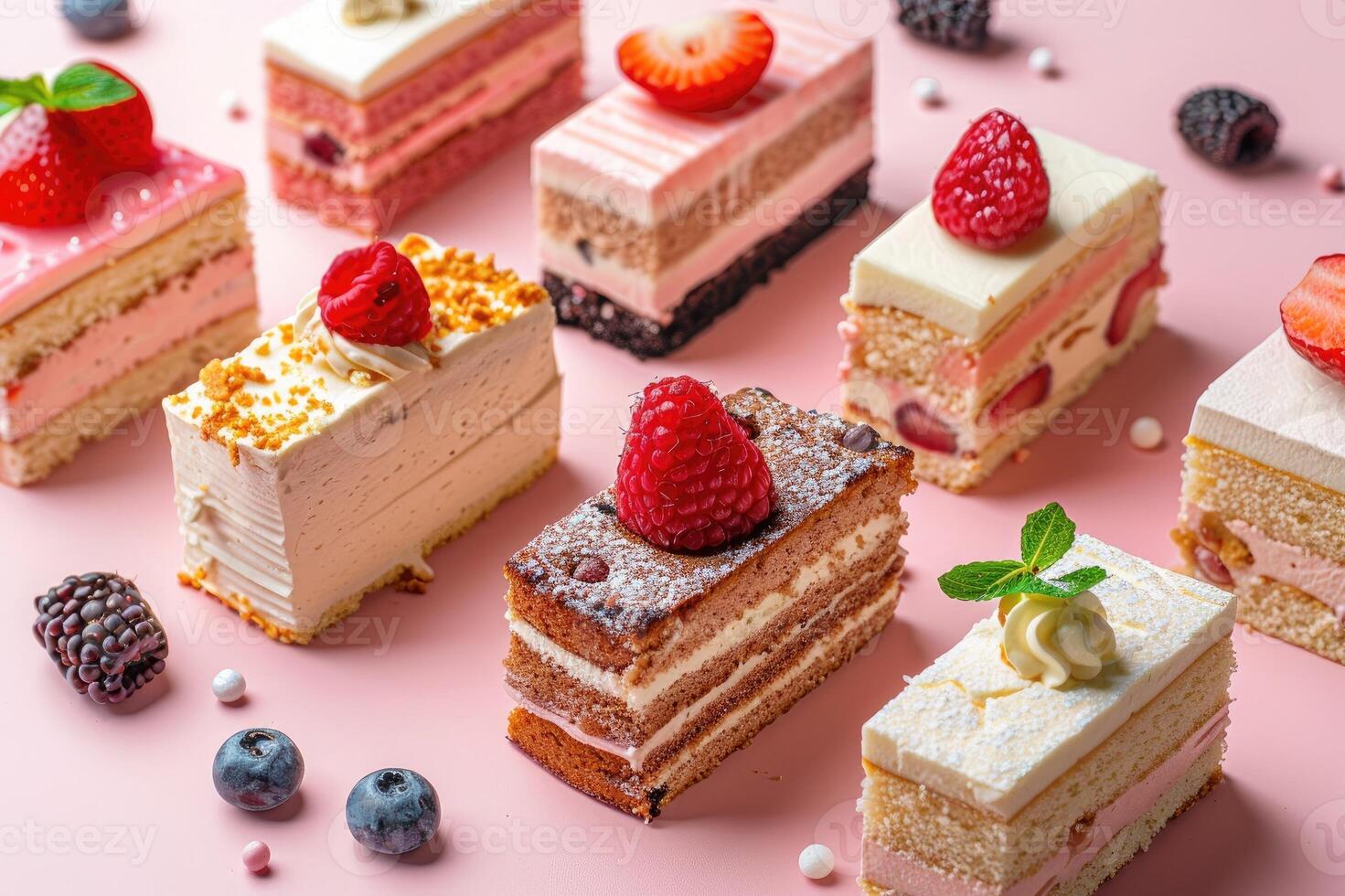 Variety of beautifully decorated cake slices arranged on a pink surface photo