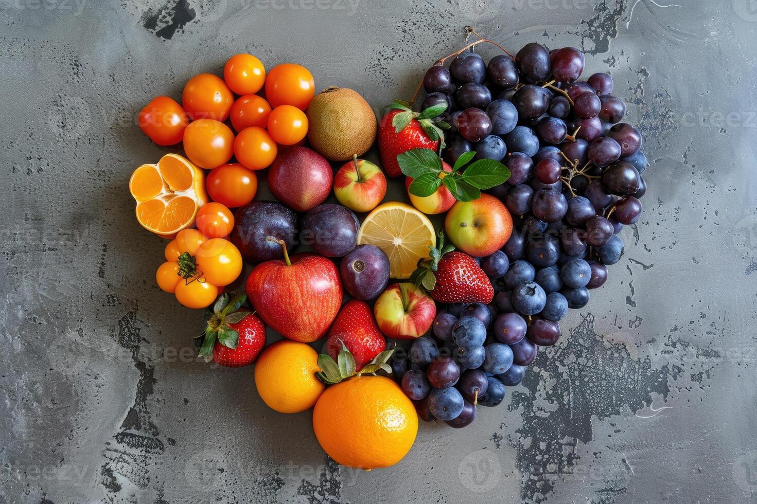 Top view of various fruits in heart shape on grey kitchen table. photo