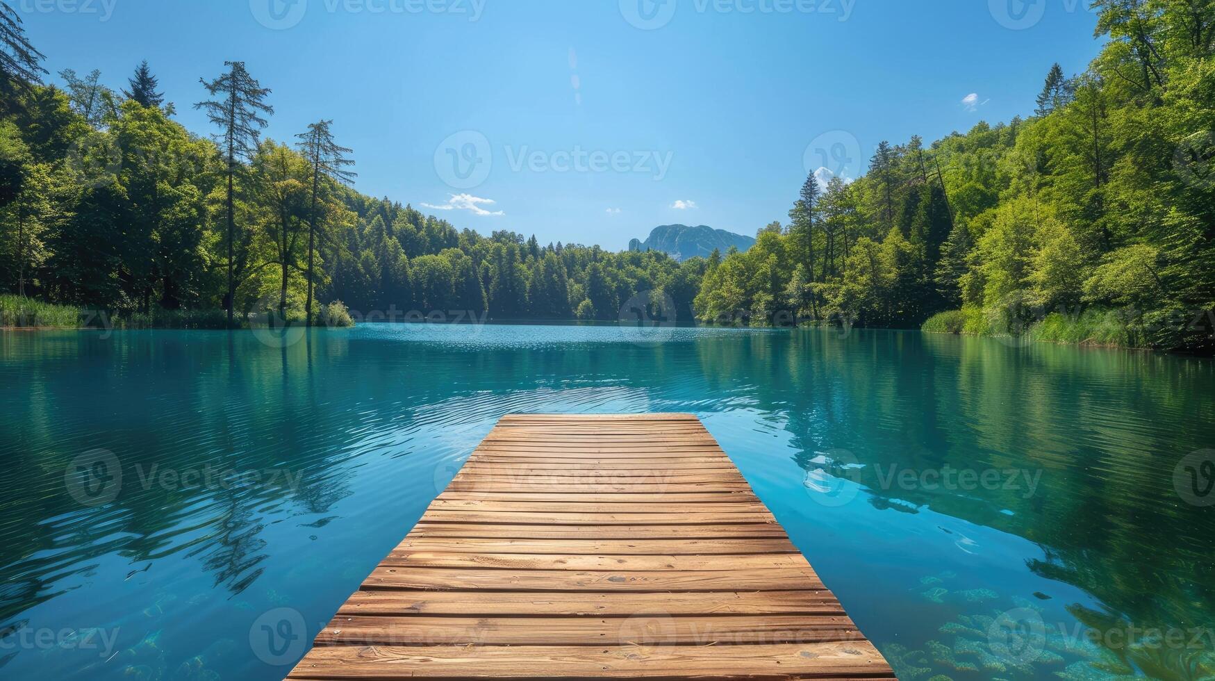 A serene scene featuring a wooden pier stretching into a tranquil, clear forest lake surrounded by lush green trees under a bright blue sky, ideal for relaxation and nature lovers. photo