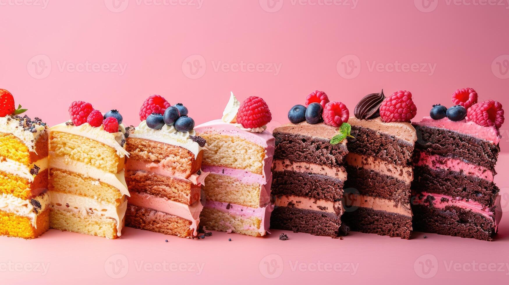 Variety of beautifully decorated cake slices arranged on a pink surface photo