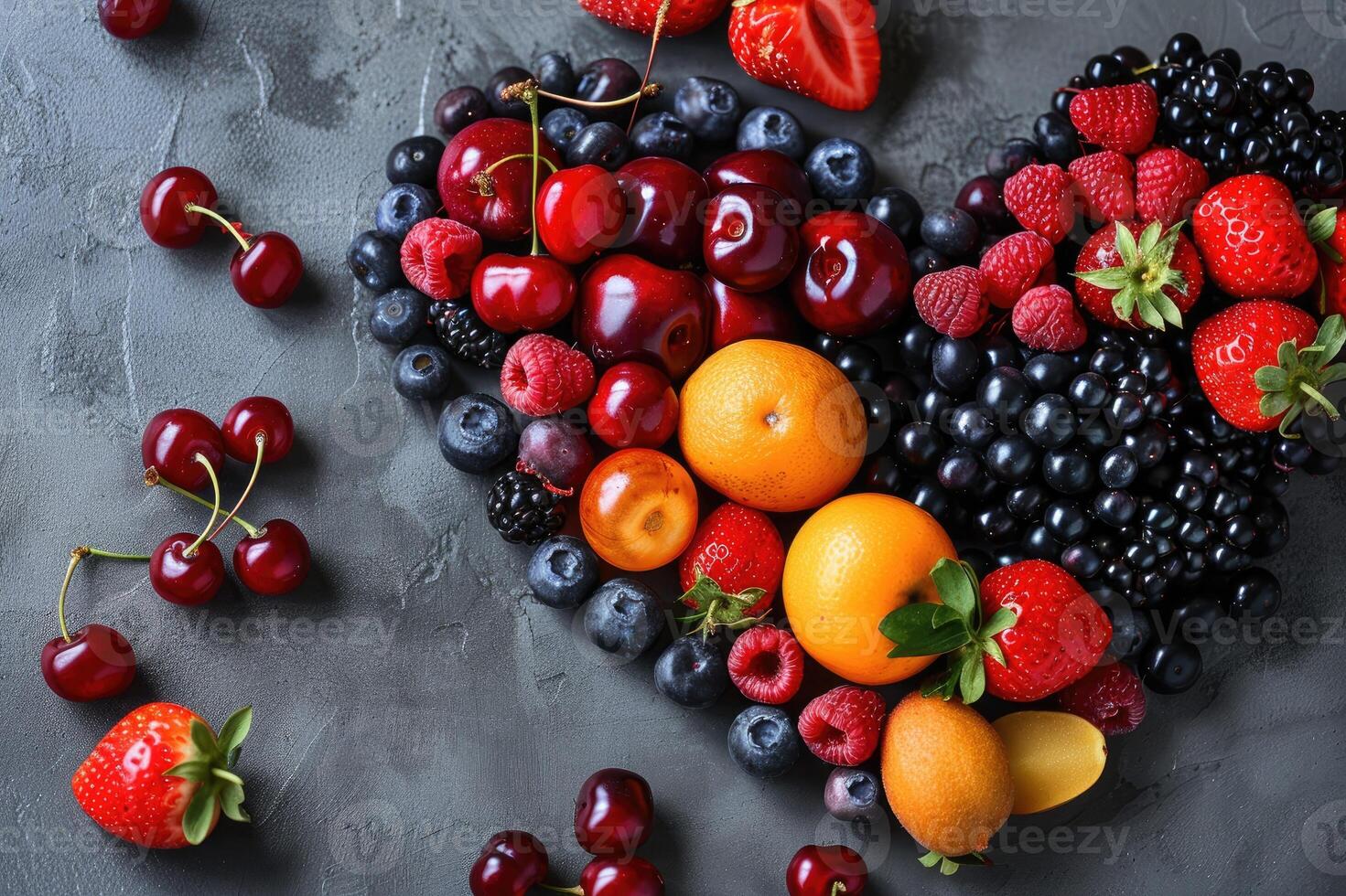 Top view of various fruits in heart shape on grey kitchen table. photo