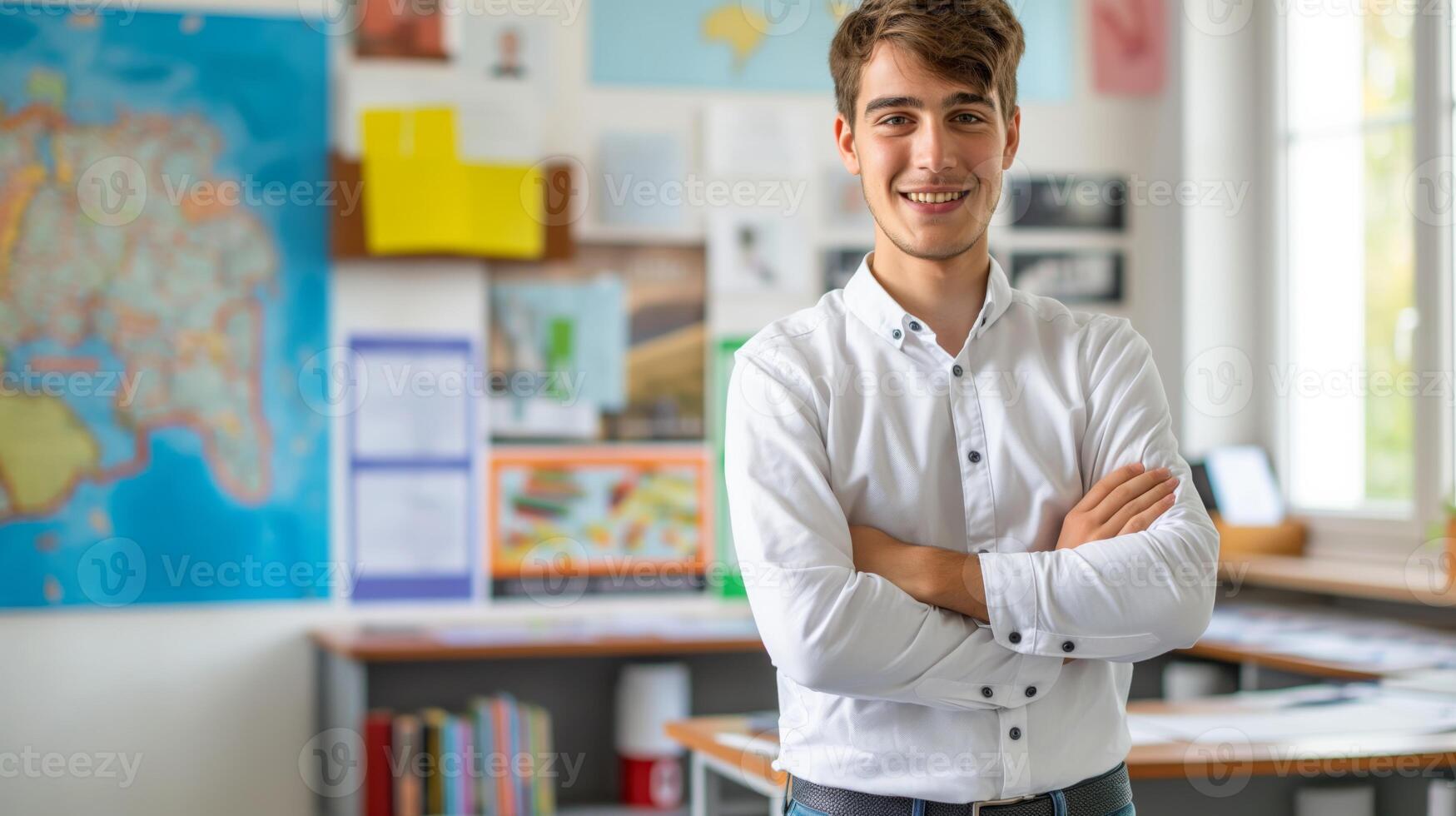 Confident Young German Male Teacher in White Shirt, Classroom Setting, Educational Background photo