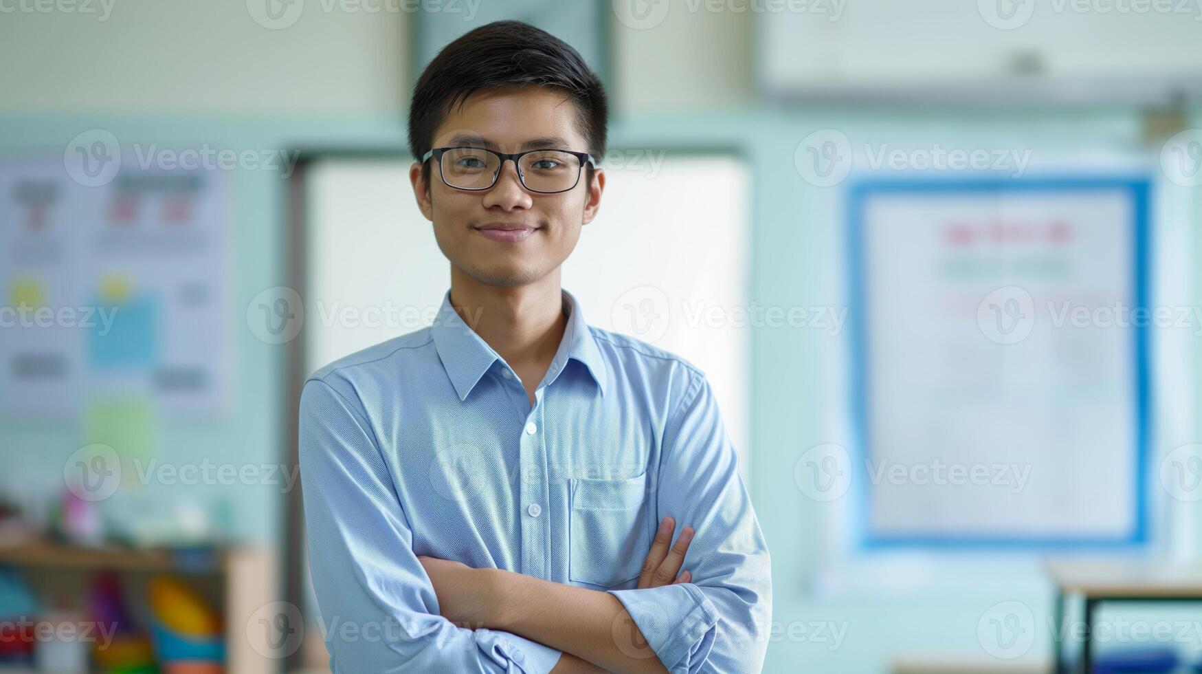 Friendly Thai Male Teacher with Glasses Standing Confidently in Classroom, Educational Professional Portrait for Print, Poster, Design photo
