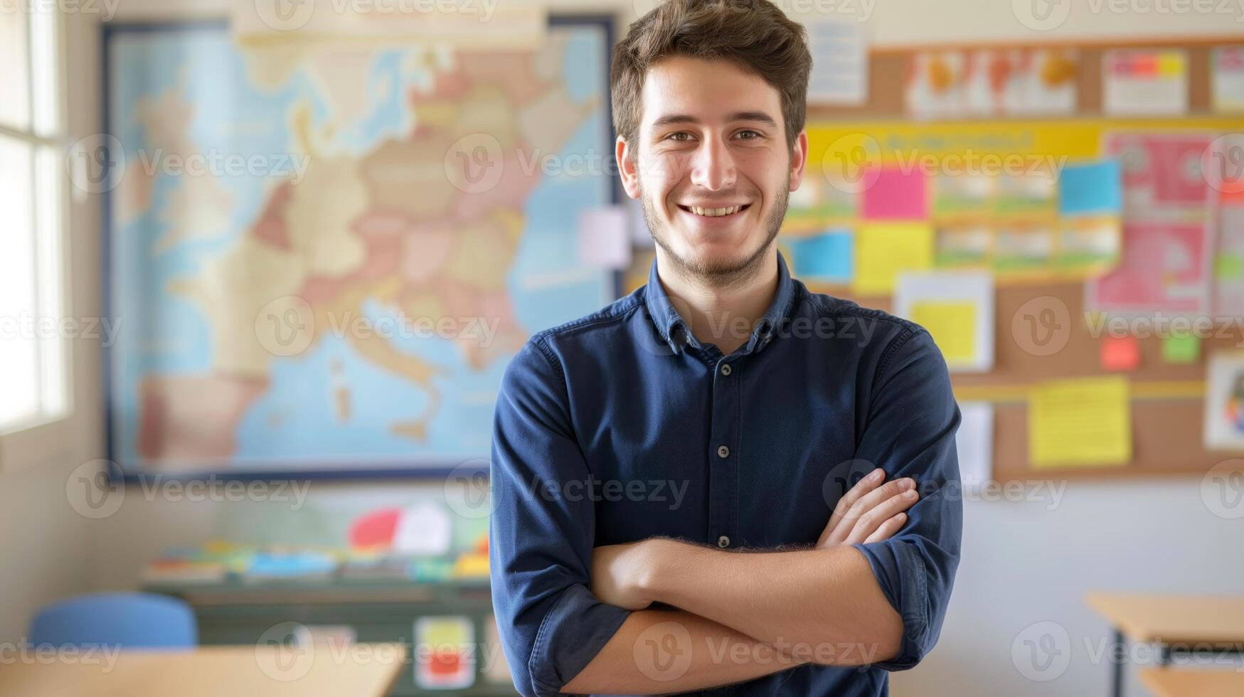 Confident French School Teacher in Classroom Setting with Educational Materials and Classroom Map photo