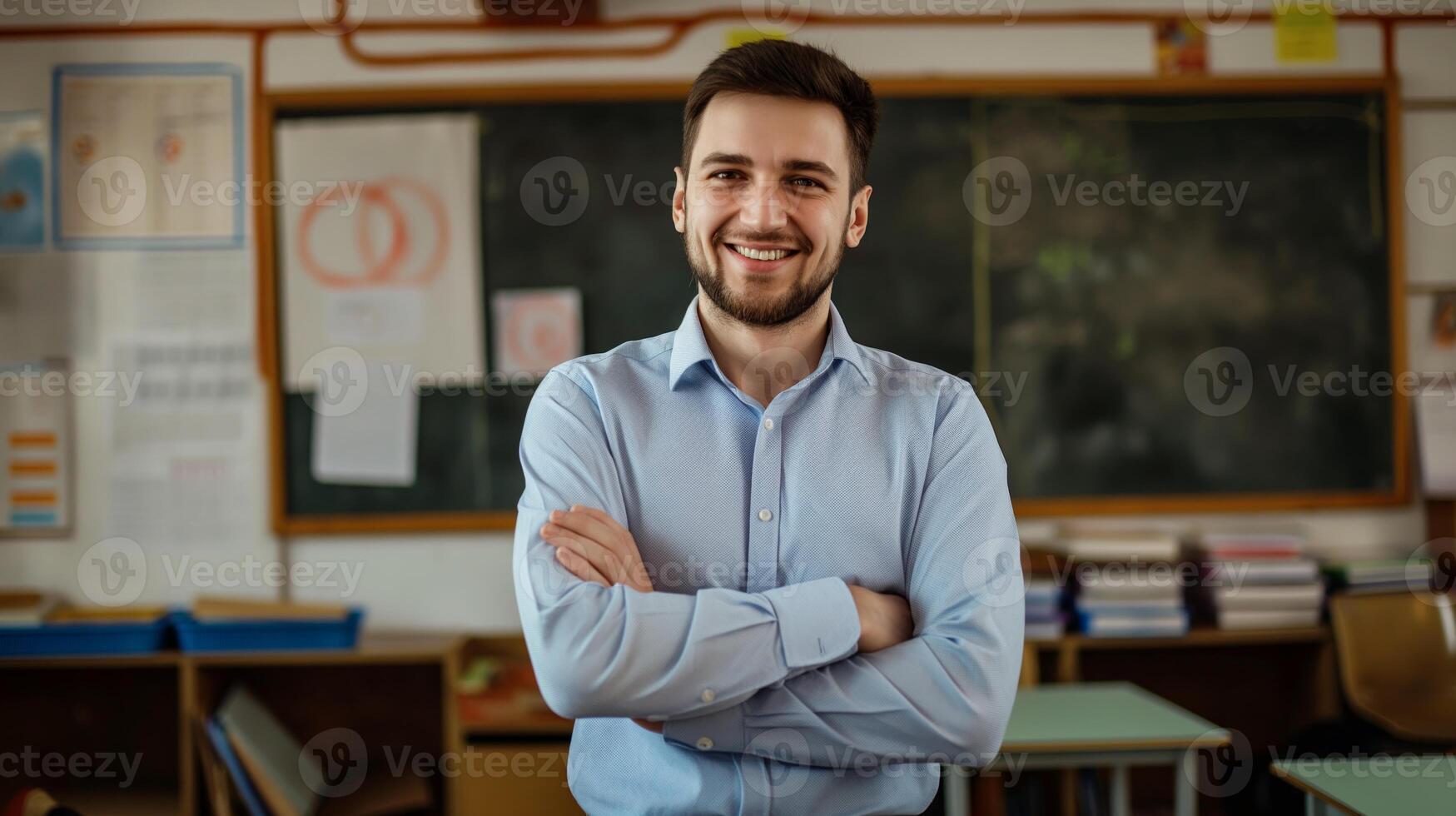 Smiling Male Teacher Standing with Arms Crossed in Classroom Sun at Blackboard Education, School, Russian Teacher, Teaching, Academic photo
