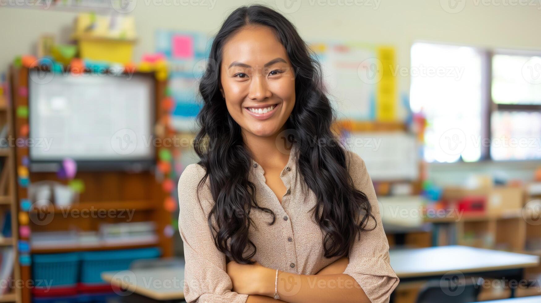 Confident Young Pacific Islander Woman Posing in Classroom, Educational Setting, School Background, Diversity and Representation in Education photo