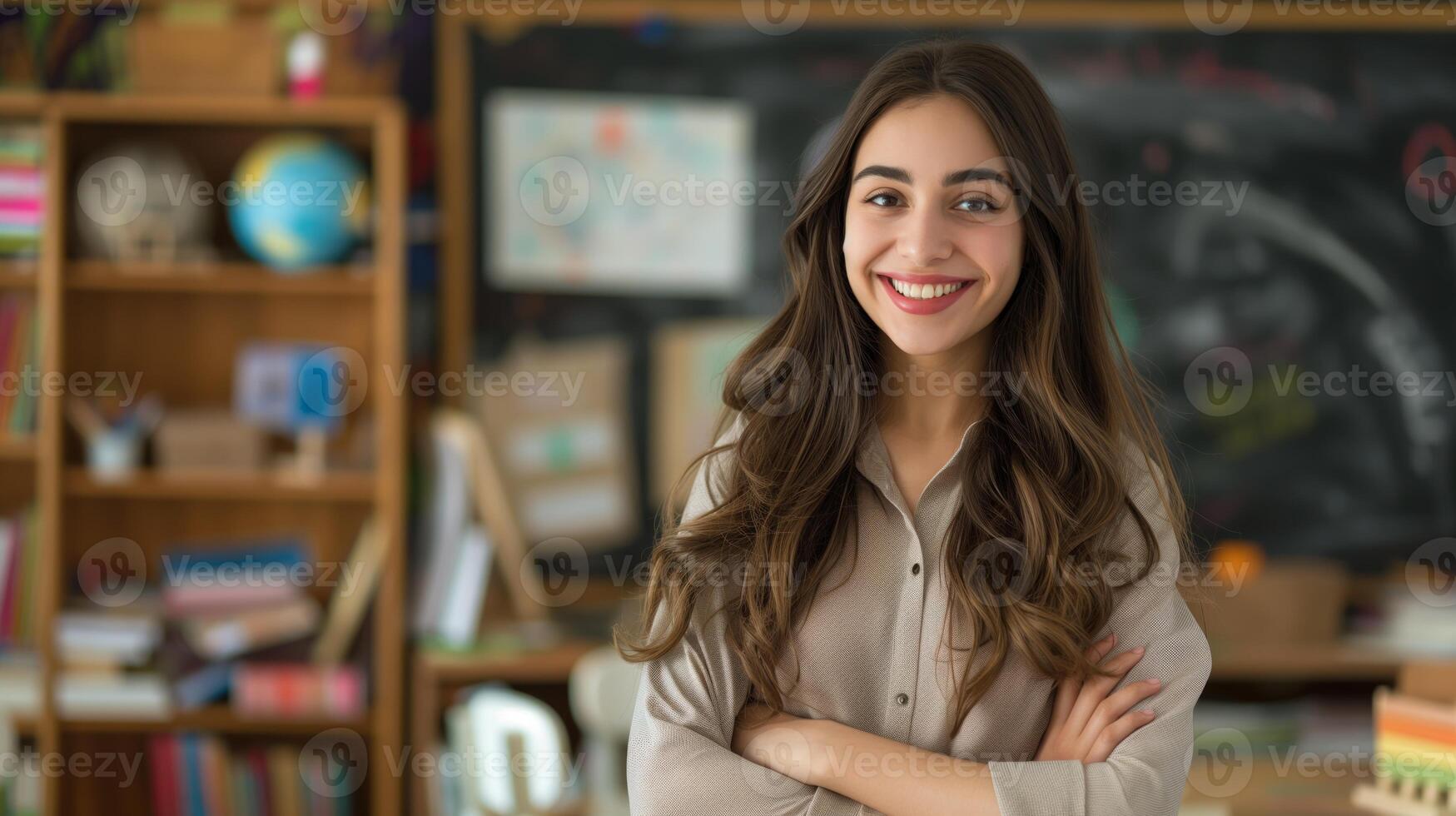 Middle Eastern Female School Teacher Smiling in Classroom Setting, Education Concept, Diversity Representation photo