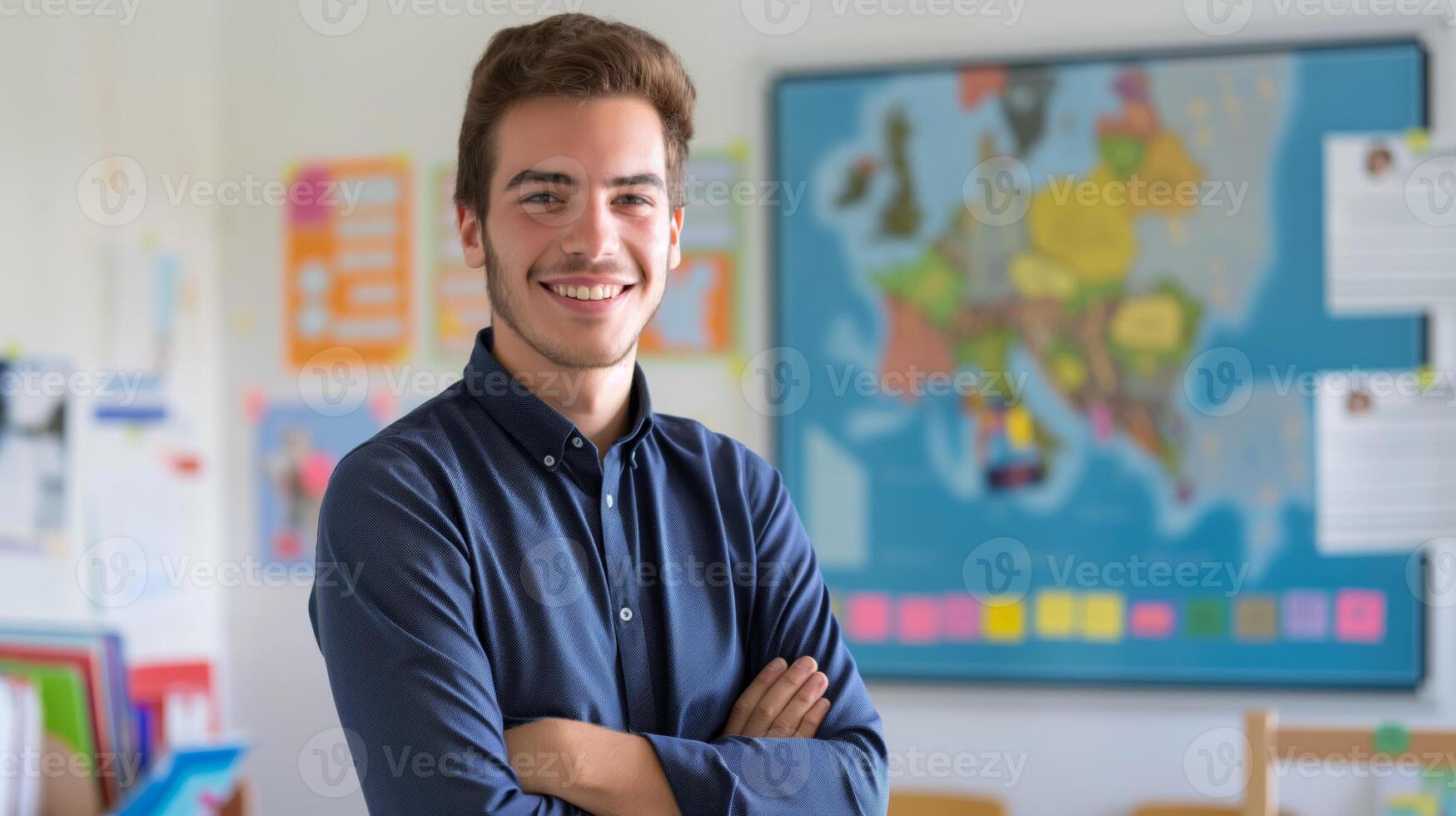 Young French Male Teacher in Classroom, Confidently Posing with Folded Arms in Front of European Map, Education, Diversity, Teaching Profession photo