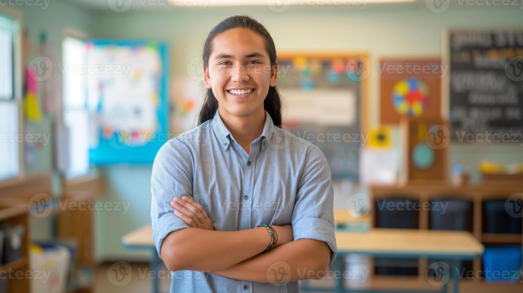 Native American Instructor Standing Confidently in Classroom, Education, Diversity, Teaching Role photo