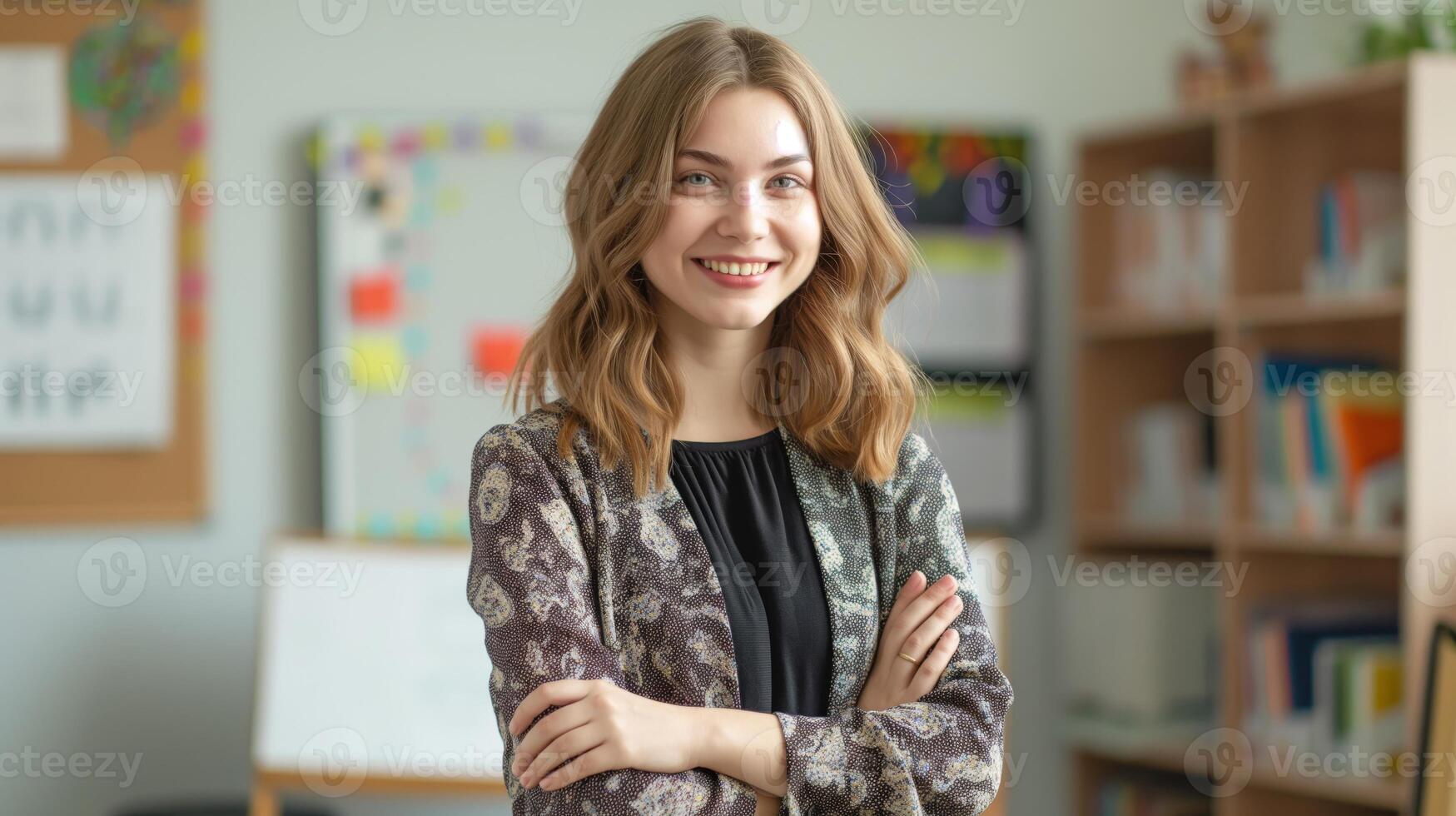 Confident Young Russian Female School Teacher Smiling in Classroom, Ideal for EducationRelated Content, Print, or Posters photo