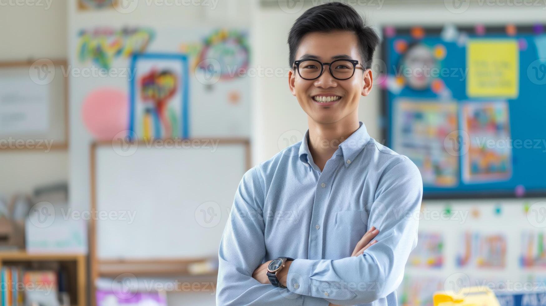 Friendly Southeast Asian Male Teacher in a Bright Classroom, Design for Educational Posters or Digital Content photo