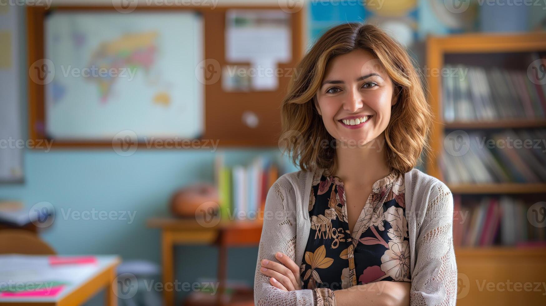 Friendly Eastern European Female School Teacher in Classroom Setting for Educational Posters and Brochures photo