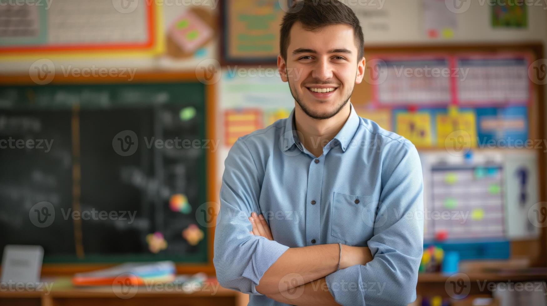 Young Russian Male School Teacher Smiling Confidently in Classroom Setting, Ideal for Educational and Inspirational Concepts photo