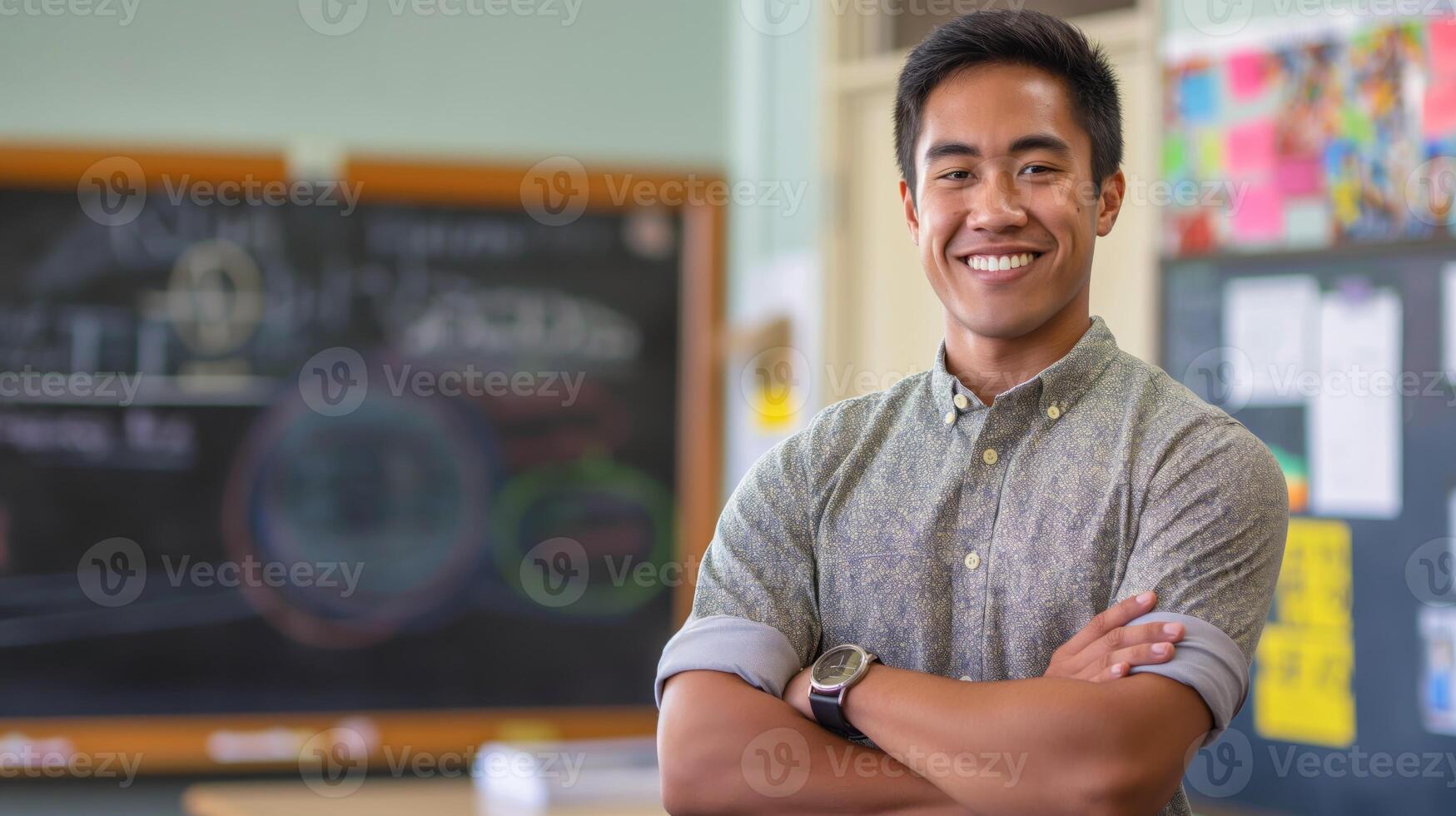 Confident Young Pacific Islander Male Educator in Classroom Setting, Arms Crossed, Smile, Southeast Asian Diversity, Professional Portrait for Educational Outreach photo