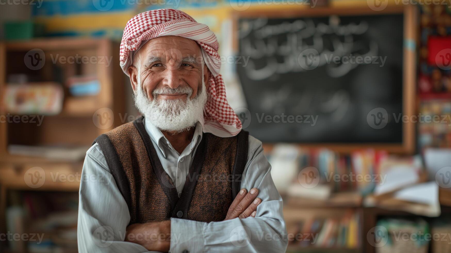 Elderly Arab Male School Teacher Smiling in Classroom, Education Concept, Middle Eastern Diversity photo