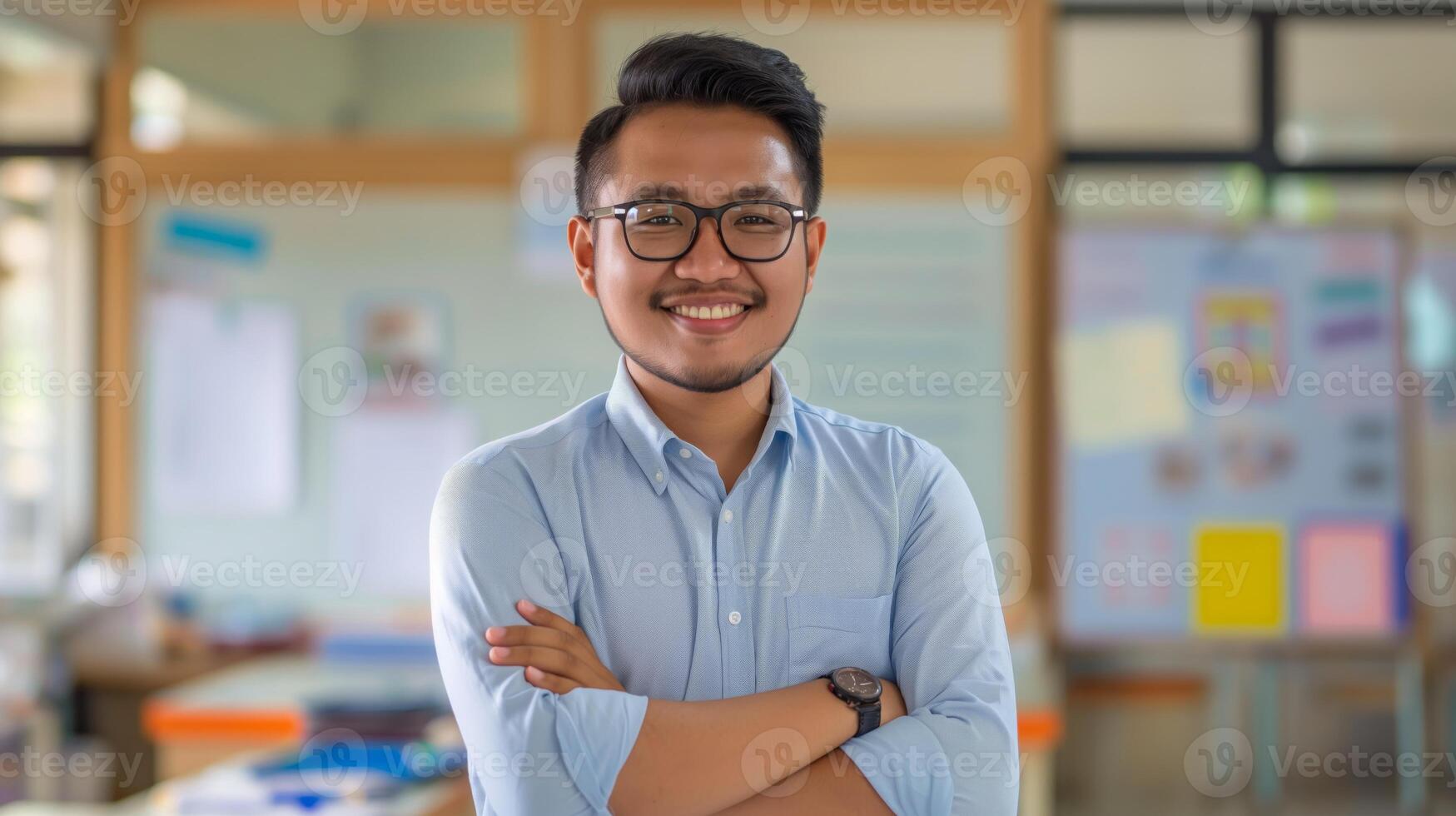 Friendly Indonesian Male Teacher Smiling in Classroom for Education and Diversity Concepts photo