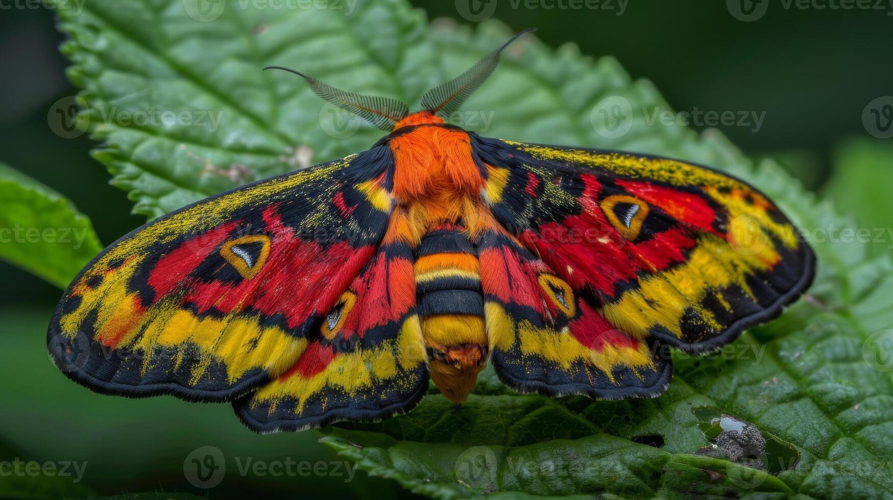 Vibrant Red and Yellow Cinnabar Moth Detailed Macro Shot of Colorful Insect on Green Leaf Perfect for Nature and Wildlife Prints photo