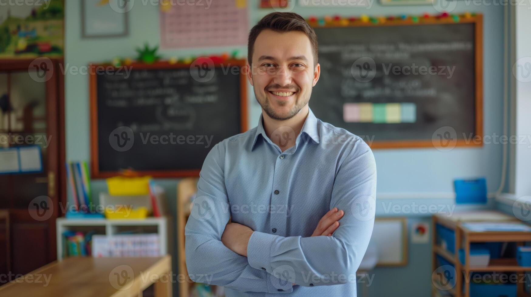 Smiling Polish Male School Teacher in Classroom with Educational Materials, Perfect for Educational, Professional, and Diversity Concepts photo