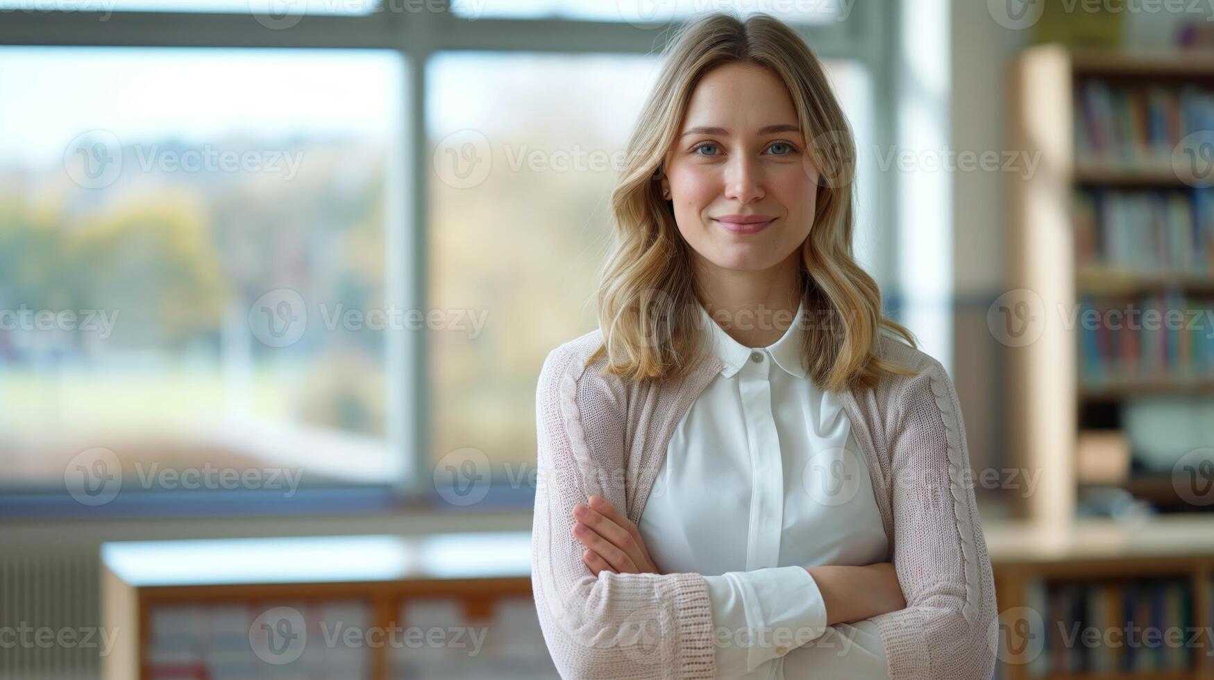 Confident British Female School Teacher Standing in Modern Classroom, Education Concept for Posters, Print, or Digital Design photo