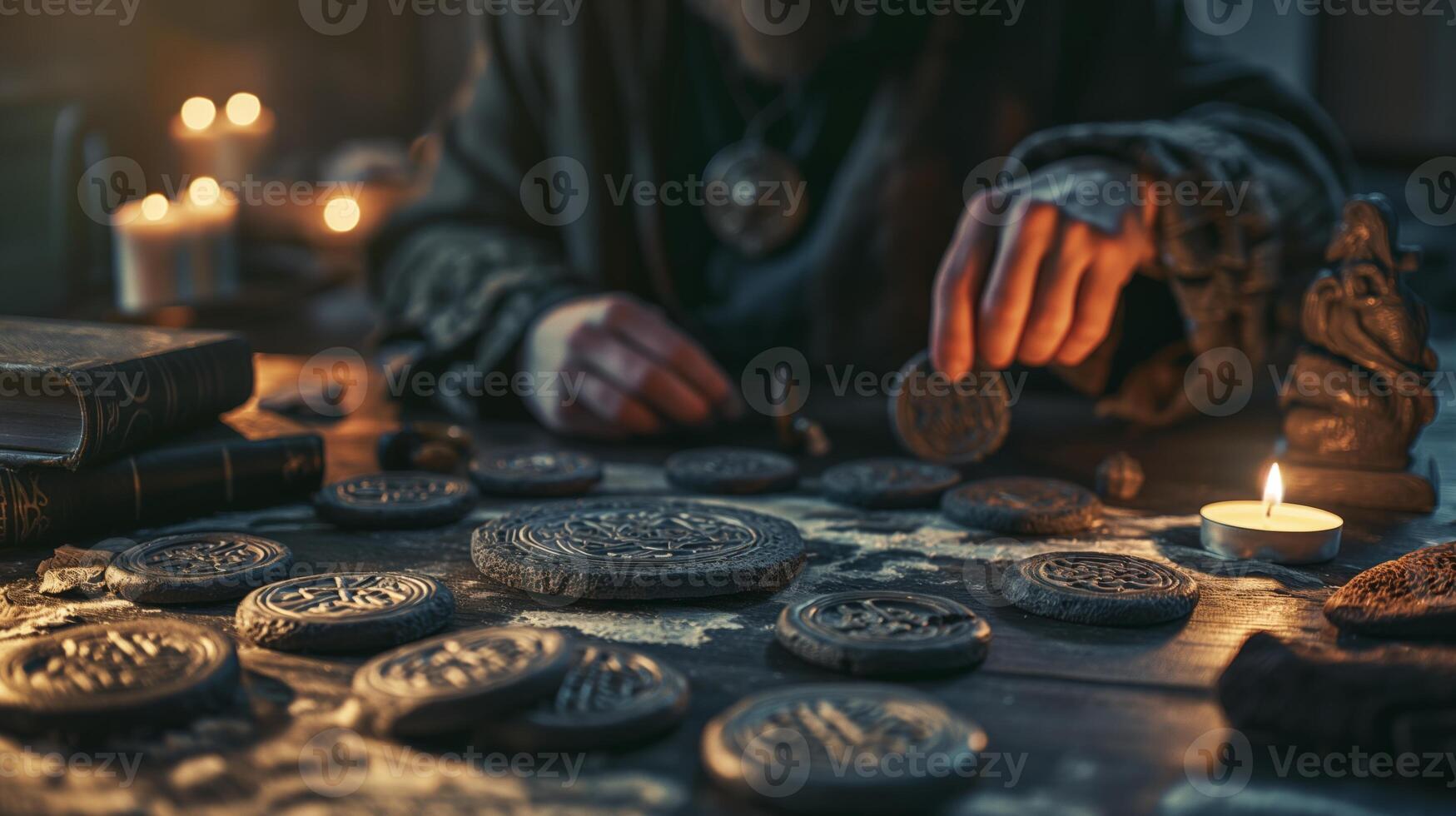 Mysterious Rune Casting Ritual with Vintage Artifacts and Candles, Perfect for Fantasy Themes and Mystical Occasions photo