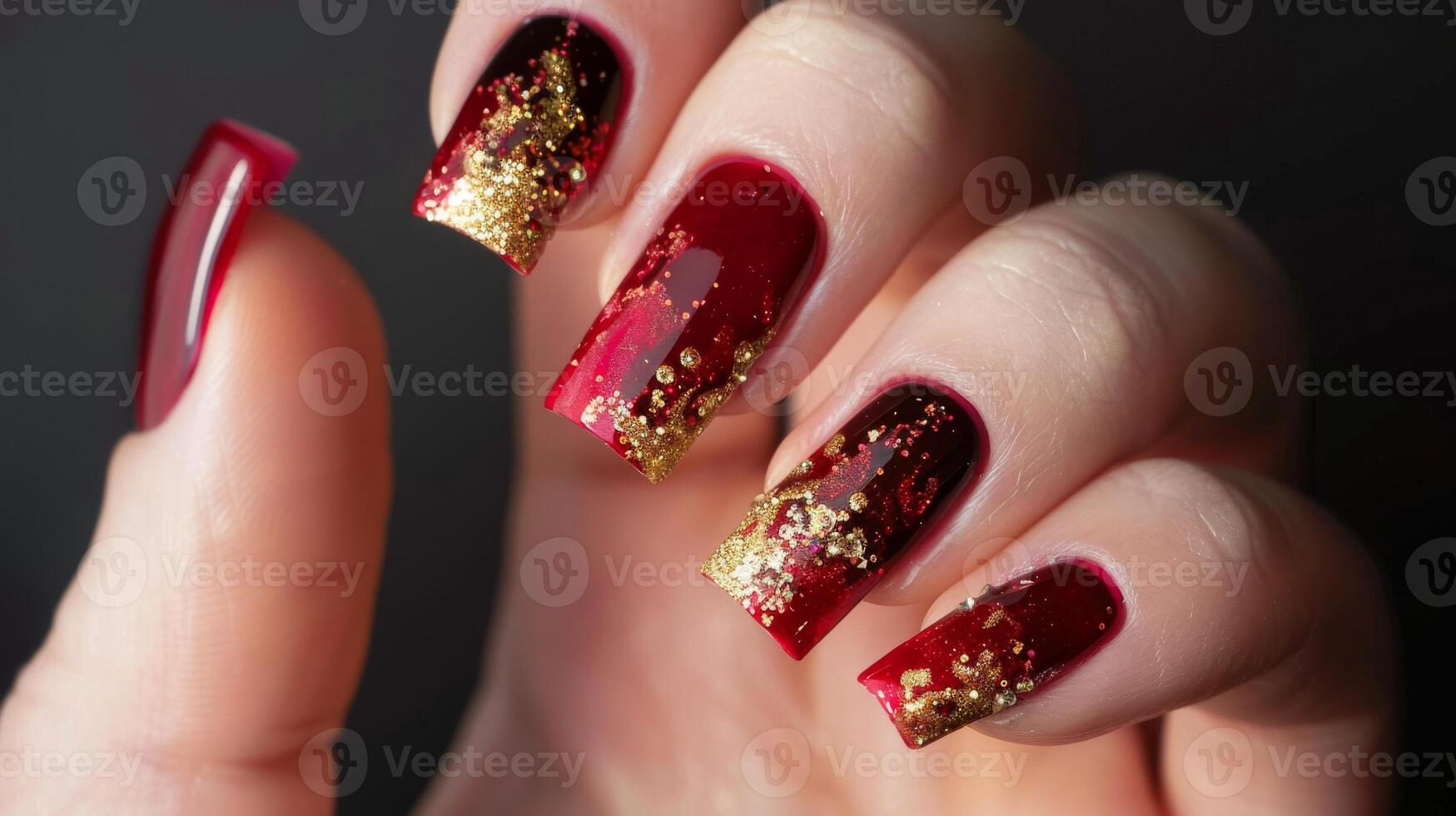 Luxurious Ruby Red and Gold Glitter Nail Art Design for Elegant Manicure and Fashion Statement photo