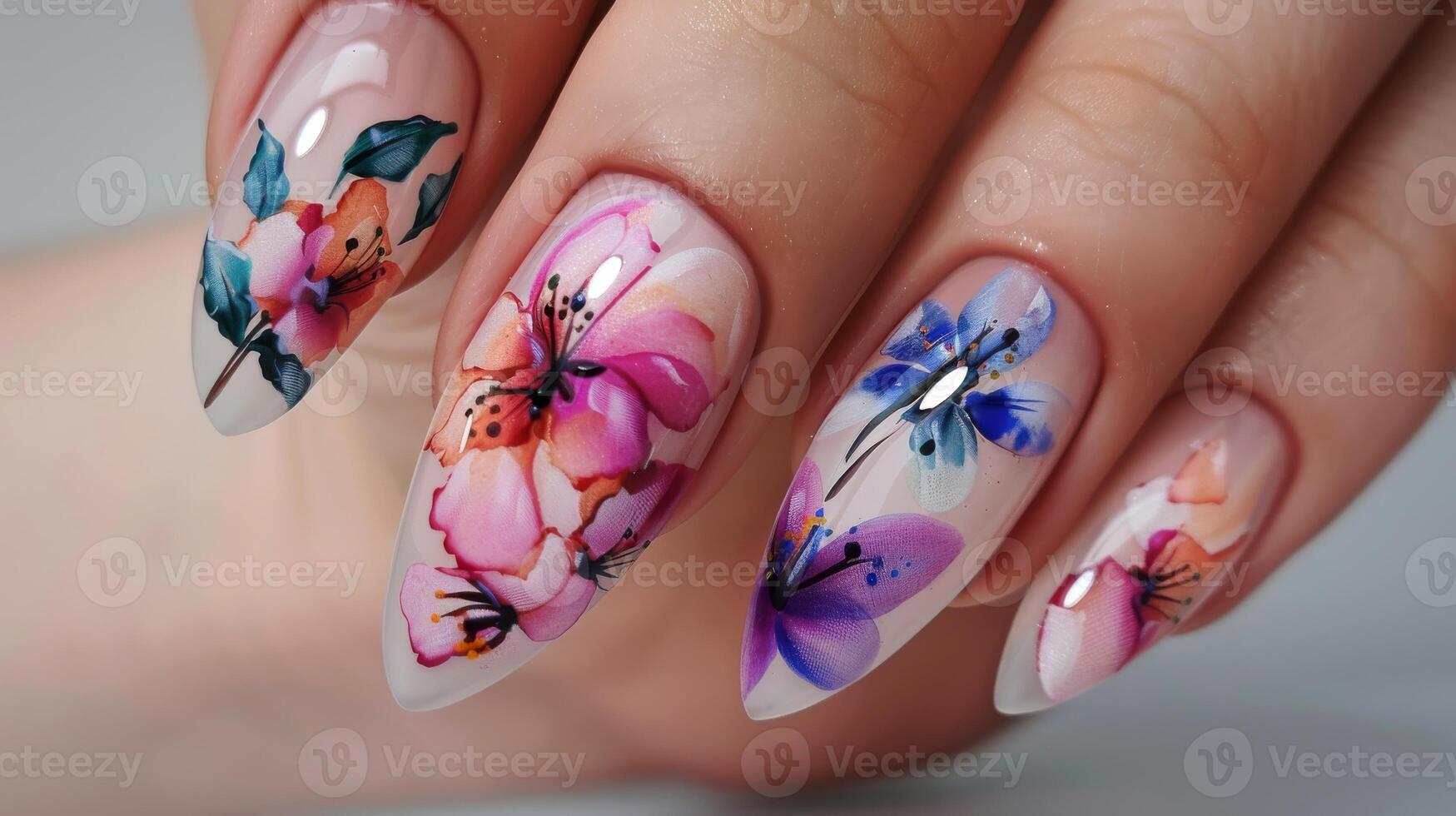 Artistic Watercolor Flower Nail Design Emphasizing Artistic Nail Art for Beauty and Fashion Enthusiasts photo