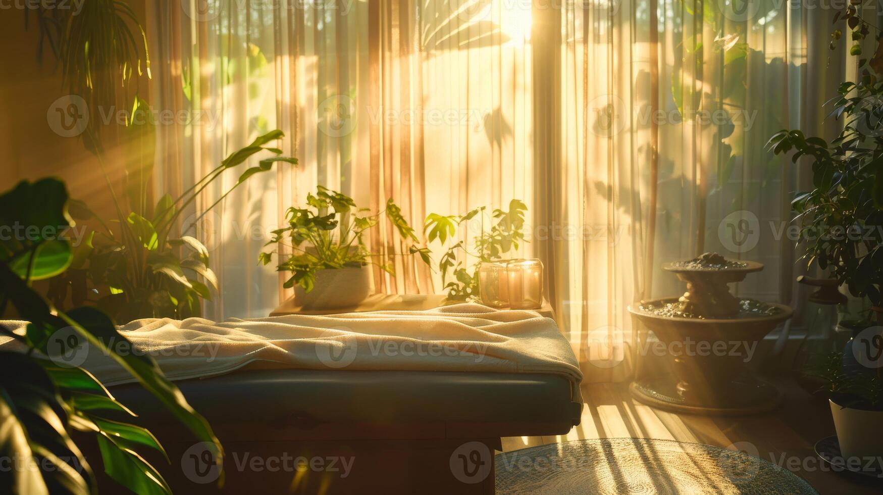Serene Reiki Healing Session in Sunlit Room with Indoor Plants for Relaxation and Wellness photo